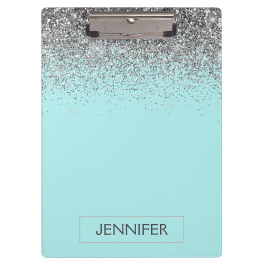 Porte-bloc Nom Monogramme Pailleté Bleu Aqua Turquoise Argent (Devant)