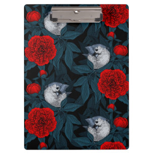 Porte-bloc Oiseaux et fleurs de pivoines rouges avec feuilles