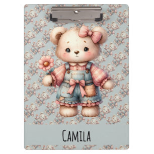 Porte-bloc Ours en peluche pastel tenant une fleur et portant