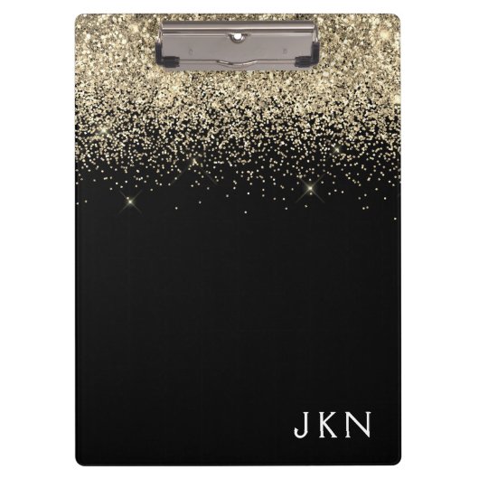 Porte-bloc Paillettes Noir Or Girly Monogramme Initiales (Devant)