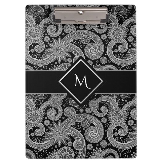 Porte-bloc Paisley monochrome avec cadre initial (Devant)