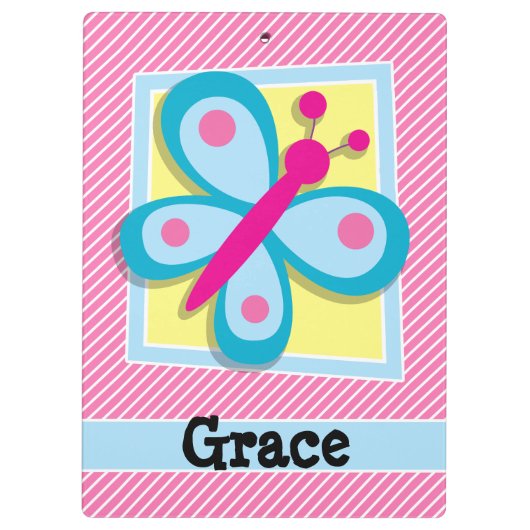 Porte-bloc Papillon bleu sur bandes rose et blanche (Dos)