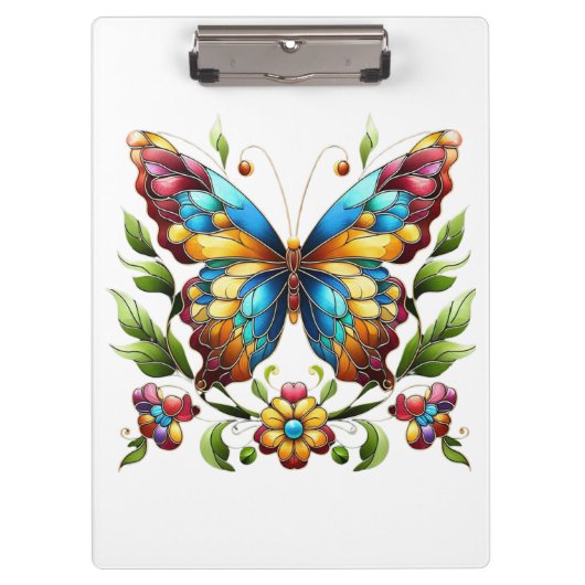 Porte-bloc Papillon en vitrail coloré avec fleurs (Devant)