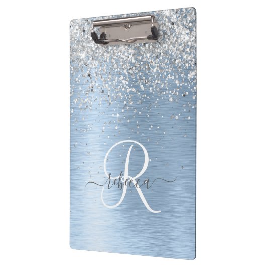 Porte-bloc Parties scintillant en argent brossé bleu Nom du m (Gauche)
