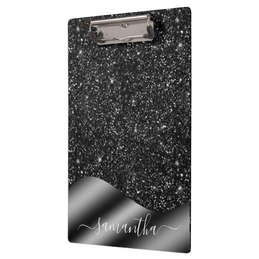 Porte-bloc Parties scintillant noire Nom manuscrit Monogramme (Gauche)