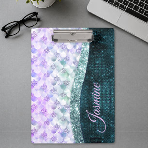 Porte-bloc Peau de sirène sarcelle argentée faux strass monog