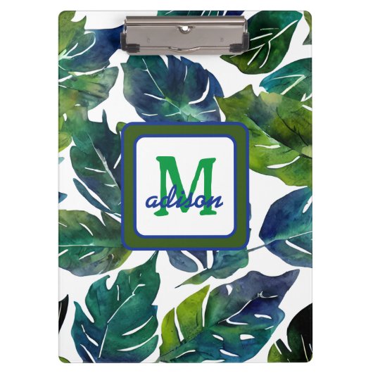 Porte-bloc Philodendron vert et bleu du feuillage Monogramme (Devant)