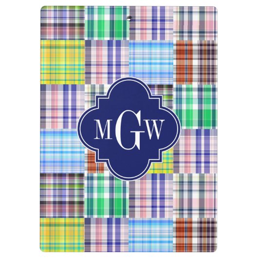 Porte-bloc Preppy Patchwork Madras Navy Quatrefoil Monogramme (Dos)