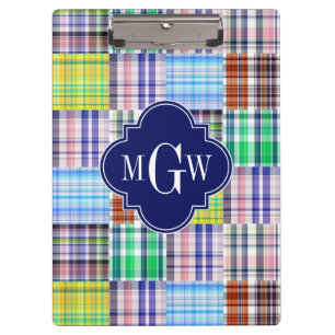 Porte-bloc Preppy Patchwork Madras Navy Quatrefoil Monogramme