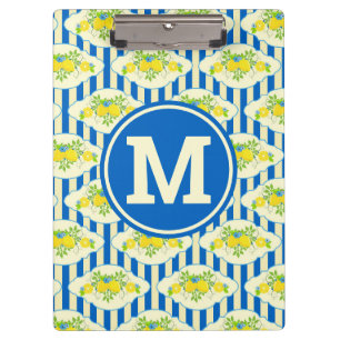 Porte-bloc Rayures bleues et motifs de citrons et de feuilles