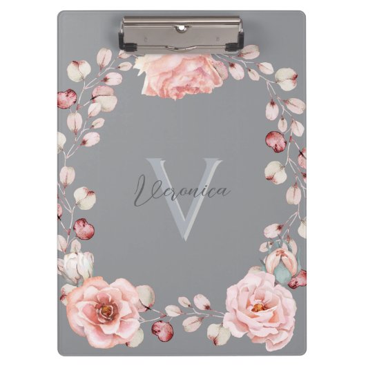 Porte-bloc Rose d'aquarelle Wreath personnalisée | Gray (Devant)