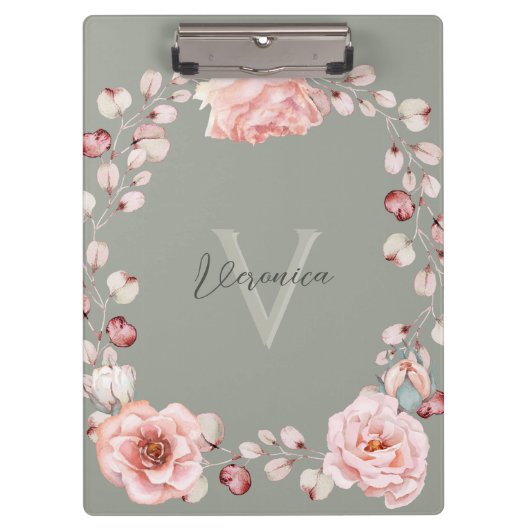Porte-bloc Rose d'aquarelle Wreath personnalisée | Vert sage (Devant)