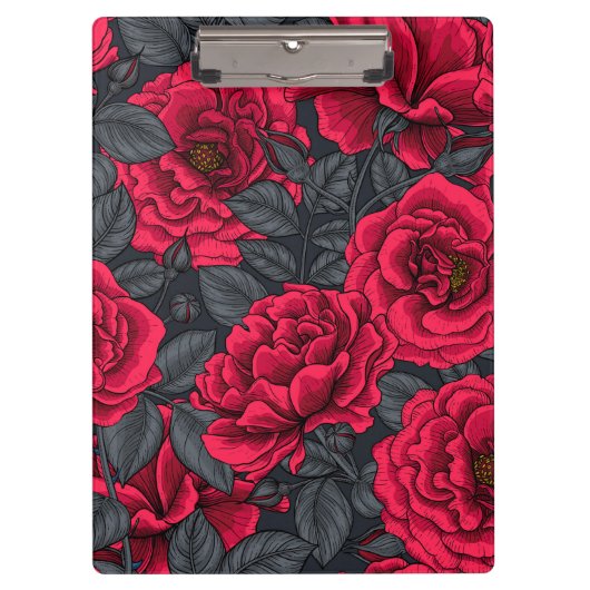 Porte-bloc Roses rouges avec feuilles gris sur noir (Devant)