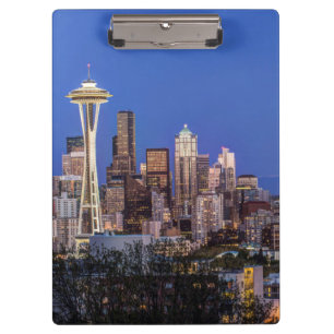 Porte-bloc Seattle, centre-ville et mont Rainier au crépuscul