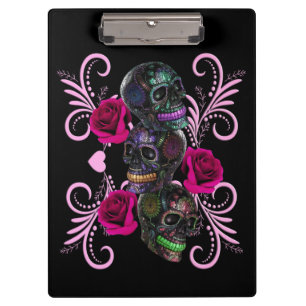 Porte-bloc Triple Jour Noir Des Crânes Morts Roses Rose