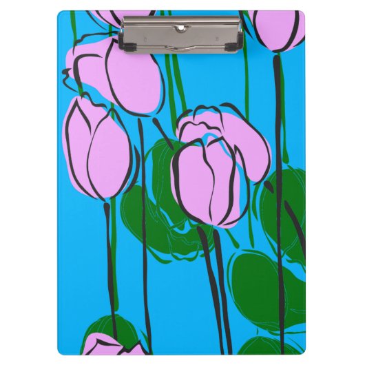 Porte-bloc Tulipes roses dessinées à la main sur bleu ciel (Devant)