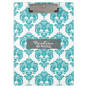 Porte-bloc Turquoise Aqua White Damask Chic Glam Personnalisé