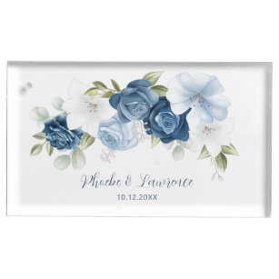 Porte-cartes De Table Mariage de script de fleurs bleu foncé