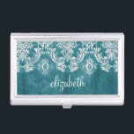 Porte-cartes De Visite Modèle de Damas gris turquoise Texte personnalisé<br><div class="desc">Un motif vintage avec tableau de bord et dentelle. Regardez de près les fleurs et les feuilles.Un design tendance avec les couleurs de bijoux et l'élégance. Les éléments sont plus faciles à customiser lorsque vous remplacez tout le texte et les photos en premier. Si votre art doit encore être ajusté,...</div>