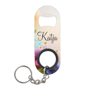 Porte-clé Décapsuleur Aquarelle Fleurs sur Croissant de Lune