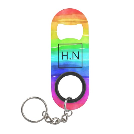 Porte-clé Décapsuleur Aquarelle Rainbow Strips Monogramme (Devant)