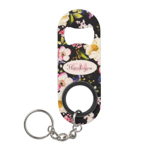 Porte-clé Décapsuleur Aquarelle Roses rose et jaune sur Noir, Anniversai