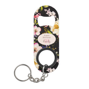 Porte-clé Décapsuleur Aquarelle Roses rose et jaune sur Noir, Anniversai