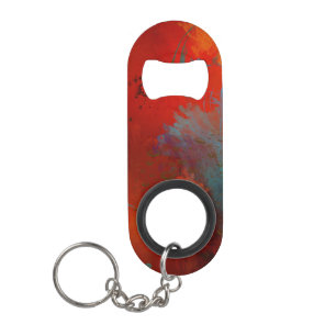 Porte-clé Décapsuleur Art abstrait numérique grunge rouge, aqua et or