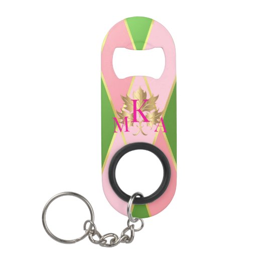 Porte-clé Décapsuleur Chic Monogrammed rose et vert (Devant)