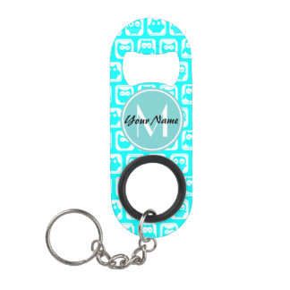 Porte-clé Décapsuleur Chouettes turquoise d'aqua monogramme