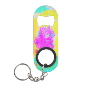Porte-clé Décapsuleur Coquelicot jaune avec centre rose vif sur turquois