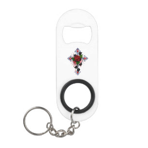 Porte-clé Décapsuleur Croix d'argent avec une rose rouge