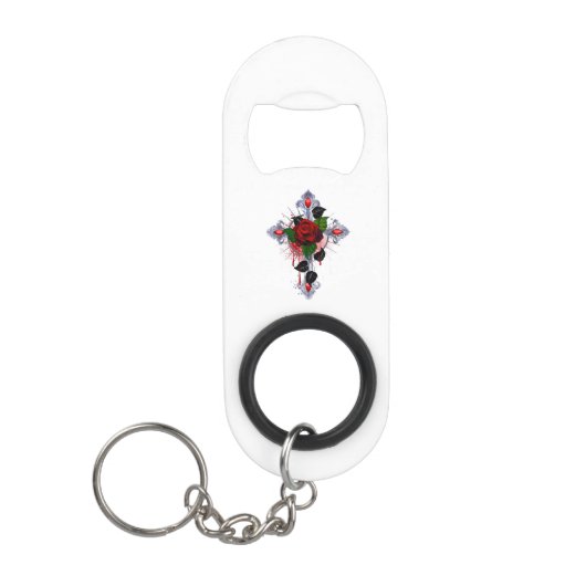 Porte-clé Décapsuleur Croix d'argent avec une rose rouge (Devant)