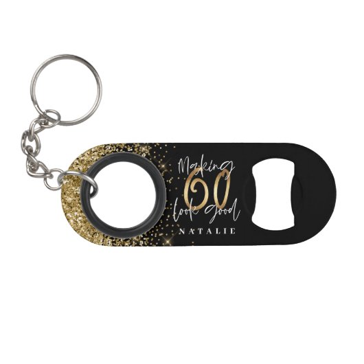 Porte-clé Décapsuleur Design moderne noir et or glitte 60e anniversaire (Devant (Horizontal))
