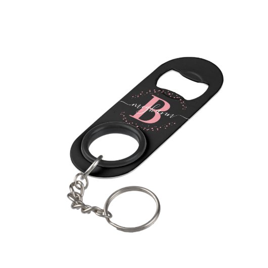 Porte-clé Décapsuleur Fille tendance rose noir de nom Script Monogramme (angle arrière)