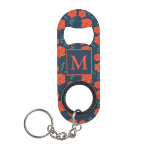 Porte-clé Décapsuleur Fleurs rouges Motif Monogramme bleu foncé