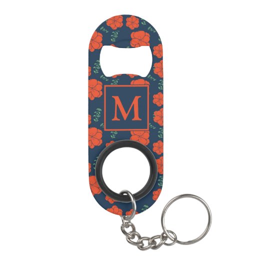 Porte-clé Décapsuleur Fleurs rouges Motif Monogramme bleu foncé (Dos)