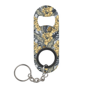 Porte-clé Décapsuleur Fleurs tropicales noires et or élégantes de luxe