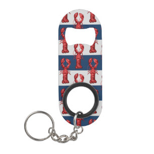 Porte-clé Décapsuleur Homards nautiques sur rayures bleu marine et gris