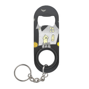 Porte-clé Décapsuleur Maison d'Halloween, Chats Noirs, Chauves-souris, C