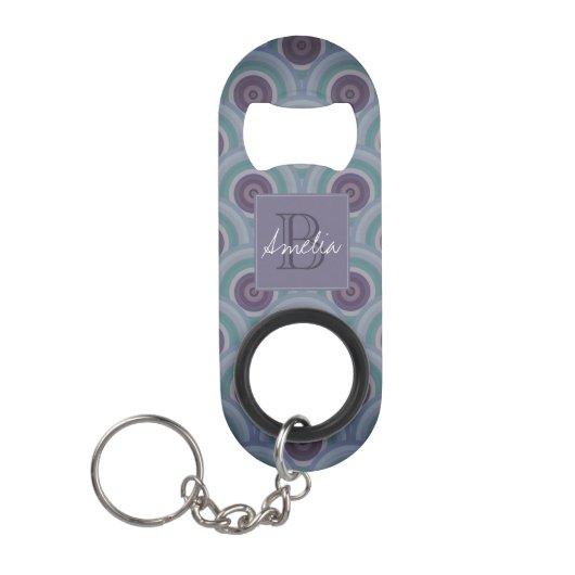 Porte-clé Décapsuleur Monogramme à motif de cercles rétro violet et vert (Devant)