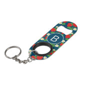 Porte-clé Décapsuleur Monogramme motif bleu fraise et fleurs (Devant Angle)