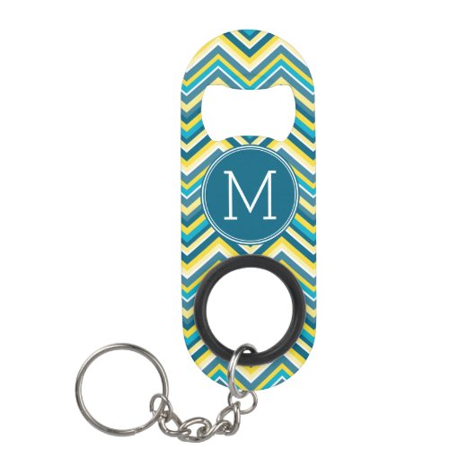 Porte-clé Décapsuleur Monogramme Motif Chevron turquoise et jaune (Devant)