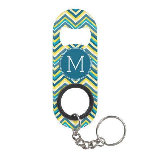 Porte-clé Décapsuleur Monogramme Motif Chevron turquoise et jaune (Dos)