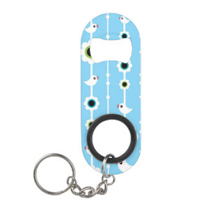 Porte-clé Décapsuleur motif bleu d'oiseau et de fleurs