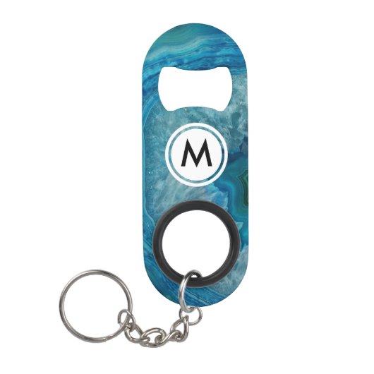 Porte-clé Décapsuleur Motif Cool Blue Agate avec monogramme (Devant)