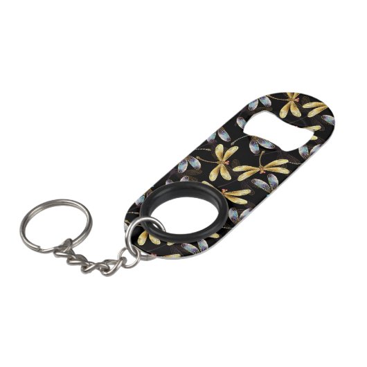 Porte-clé Décapsuleur Motif sans couture avec libellules d'or (Devant Angle)