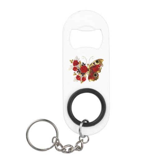 Porte-clé Décapsuleur Papillon de fleurs rouges aux roses rouges (Devant)