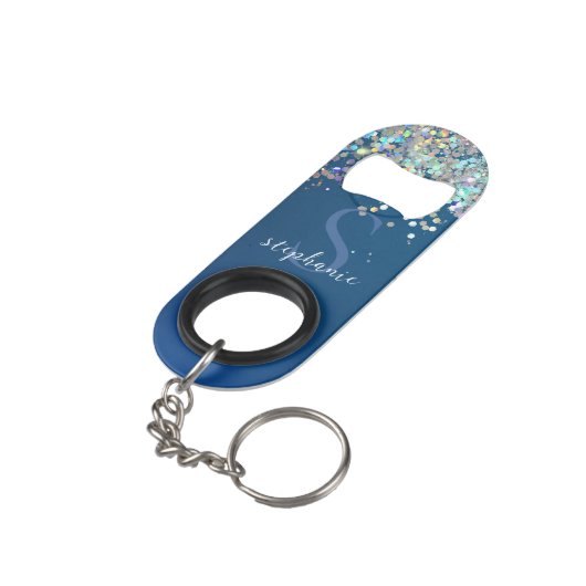 Porte-clé Décapsuleur Parties scintillant Bleue Monogramme Holographique (angle arrière)