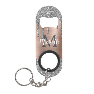 Porte-clé Décapsuleur Parties scintillant en argent monogramme Rose méta